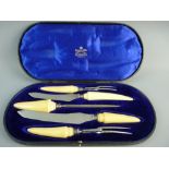 A CASED SET OF IVORY HANDLED CARVER STEELS for Mappin & Webb in a fitted case with hallmarked silver