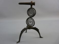 AN ALL METAL TRIPOD GOFFERING IRON having a double swirled column, 18 cms high