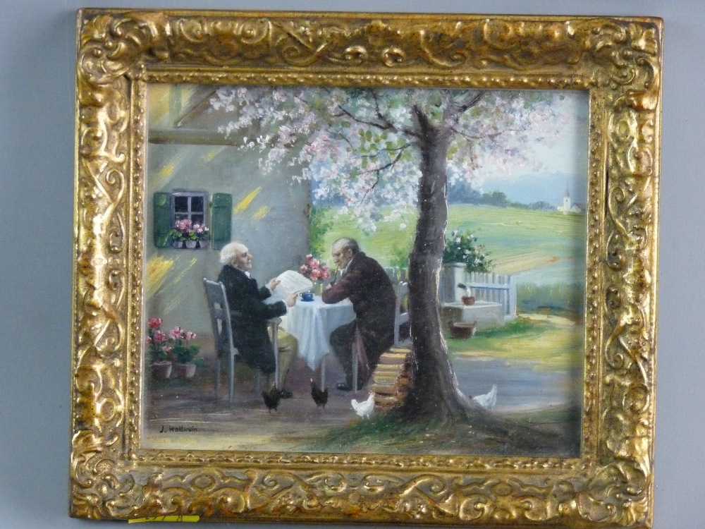 J HELLWEIN oil on board - two seated gentlemen beneath a blossom tree, Imperial German backstamp