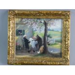 J HELLWEIN oil on board - two seated gentlemen beneath a blossom tree, Imperial German backstamp