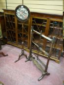 A GEORGIAN MAHOGANY FOLDING TOWEL RAIL AND POLESCREEN, acorn finial capped, block and turned linen