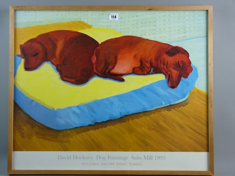 DAVID HOCKNEY 1995 Exhibition poster - colourful depiction of two dachshunds asleep on a cushion,