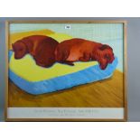DAVID HOCKNEY 1995 Exhibition poster - colourful depiction of two dachshunds asleep on a cushion,
