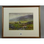 AN EARLY 20th ENGLISH SCHOOL watercolour - heathland scene with ponies, indistinctly signed, 25 x 35