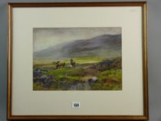 AN EARLY 20th ENGLISH SCHOOL watercolour - heathland scene with ponies, indistinctly signed, 25 x 35