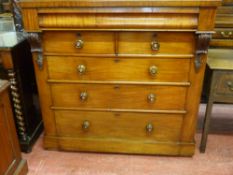 A VICTORIAN MAHOGANY CHEST of three long and two short drawers and with a long top drawer, all