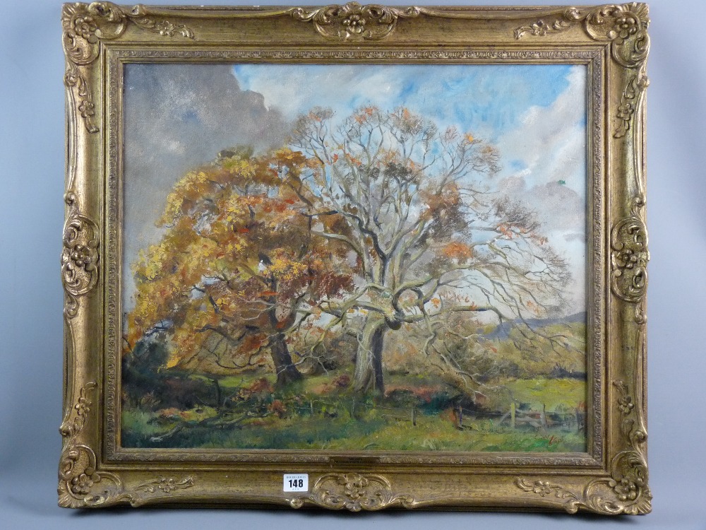 SIR CHARLES WHEELER (1892-1974) oil on board - rural scene entitled 'Twin Oaks', initialled and
