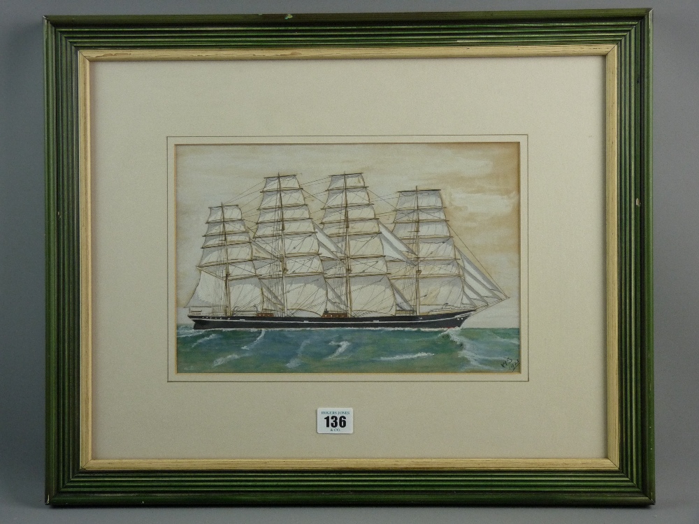 A WATERCOLOUR STUDY - a fourmaster schooner, initialled 'K Y S', dated 1921, 20 x 30 cms