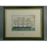 A WATERCOLOUR STUDY - a fourmaster schooner, initialled 'K Y S', dated 1921, 20 x 30 cms