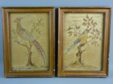 TWO CIRCA 1830 EMBROIDERED SILK PANELS, each with an exotic bird perched amongst the branches of a