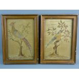 TWO CIRCA 1830 EMBROIDERED SILK PANELS, each with an exotic bird perched amongst the branches of a