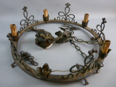 A VINTAGE WROUGHT IRON FIVE LAMP CEILING LIGHT FITTING, chain hanging with leaf pattern rose, 55 cms