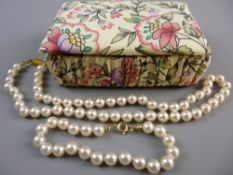 A PEARL NECKLACE WITH MATCHING BRACELET contained in a small fabric covered jewellery box