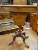 A VICTORIAN WALNUT SEWING TABLE, oblong topped with compartmented interior and recess to four