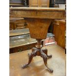 A VICTORIAN WALNUT SEWING TABLE, oblong topped with compartmented interior and recess to four