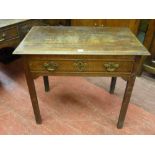 A LATE 18th CENTURY OAK SINGLE DRAWER SIDE TABLE, the three plank moulded edge top over an oak lined