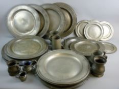 SEVENTEEN ANTIQUE PEWTER PLATES, five tankards and two jugs, various diameters to include one at