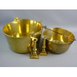 A VICTORIAN BRASS PRESERVE PAN and one other, 32 cms diameter with brass swing handle and a 25.5 cms