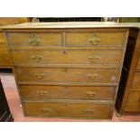 A LATE VICTORIAN OAK AND MAHOGANY CROSSBANDED CHEST having two short over four long drawers with