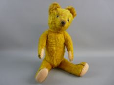 A VINTAGE MOHAIR TEDDY BEAR, gold colour and straw filled with moveable head and limbs, with