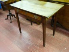 AN EARLY OAK TABLE, oblong topped with single narrow centre drawer and square corner supports