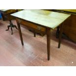 AN EARLY OAK TABLE, oblong topped with single narrow centre drawer and square corner supports
