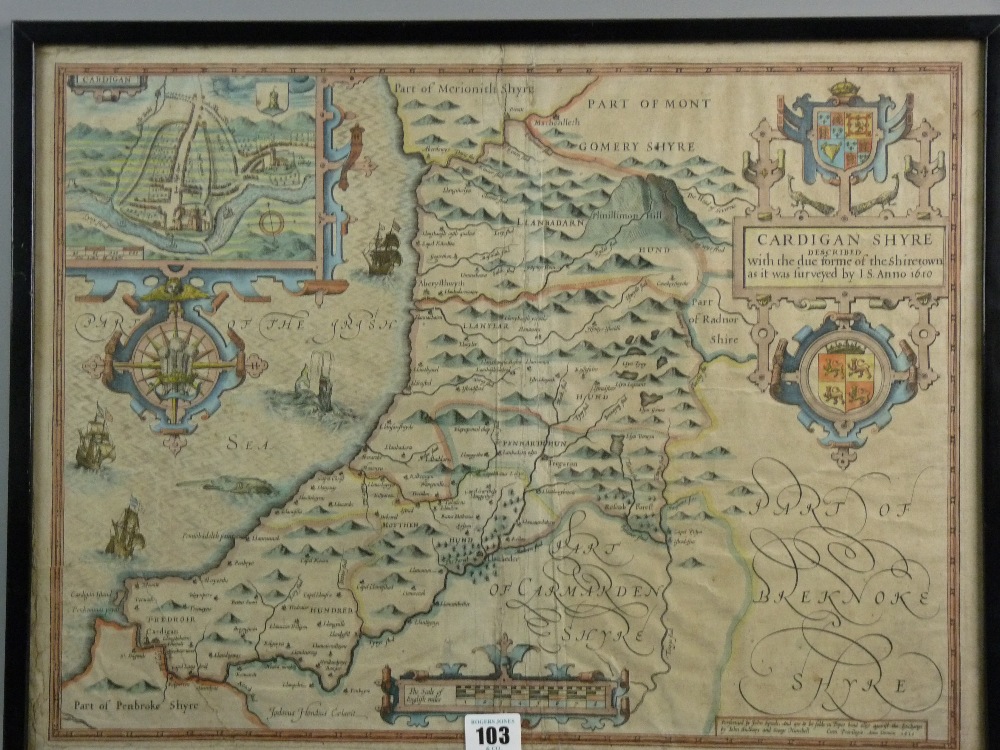 JOHN SPEED 1610 MAP OF CARDIGANSHYRE, hand tinted, by John Sudbury and George Humble, corner inset
