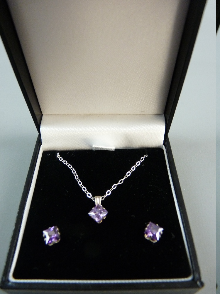 A 925 SILVER NECK CHAIN with pink stone square cut drop pendant and matching pair of earrings, 1.2