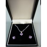 A 925 SILVER NECK CHAIN with pink stone square cut drop pendant and matching pair of earrings, 1.2