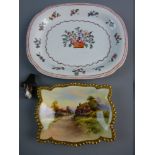 A NEAT OVAL NEWHALL DISH having a painted dot border with inner floral border and a centre basket of