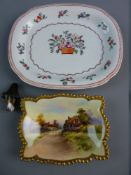 A NEAT OVAL NEWHALL DISH having a painted dot border with inner floral border and a centre basket of