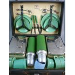 A VINTAGE HARLEQUIN PICNIC CASE with contents