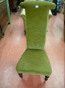 A VICTORIAN EBONIZED PRE DIEU CHAIR with green dralon upholstery