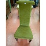 A VICTORIAN EBONIZED PRE DIEU CHAIR with green dralon upholstery