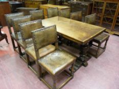 A REFECTORY STYLE DRAW LEAF DINING TABLE, a good quality heavy polished table together with a set of