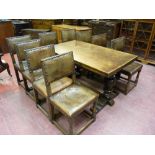 A REFECTORY STYLE DRAW LEAF DINING TABLE, a good quality heavy polished table together with a set of