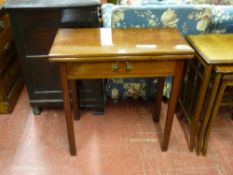 A SMALL OBLONG TOPPED FOLDOVER TEA TABLE with single centre drawer and square corner supports