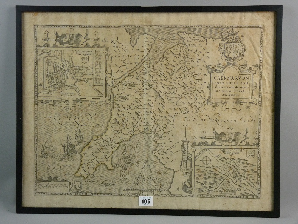 JOHN SPEED 1610 uncoloured map of Caernarfon both Shire and Shire Town, with insets of Caernarfon