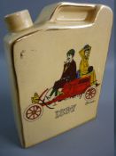 A YELLOW GROUND POTTERY SPIRIT FLASK depicting an old Daimler car with two figures, dated 1897 and