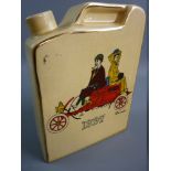 A YELLOW GROUND POTTERY SPIRIT FLASK depicting an old Daimler car with two figures, dated 1897 and