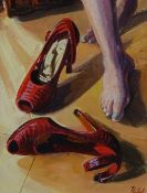 PETER WINSTANLEY oil - a pair of red shoes, signed with initials, 19.5 x 14cms