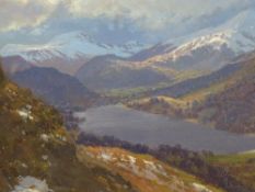 DAVID WOODFORD expansive oil - landscape Llyn Gwynant with snow capped mountains, signed, 19 x