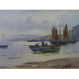 WARREN WILLIAMS ARCA watercolour - The River Conwy with numerous boats and figures and with