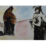 JOSEF HERMAN mixed media - two peasant figures at work, unsigned, 18.5 x 27cms