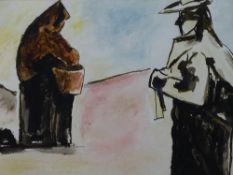 JOSEF HERMAN mixed media - two peasant figures at work, unsigned, 18.5 x 27cms