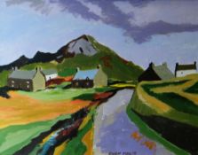 OWEN MEILIR oil on board - homage to Donald McIntyre with landscape and cottages, signed, 27 x