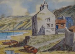 MEGAN JONES watercolours and ink, a pair - coastal cottages and boats, Nefyn, each signed, 10.5 x