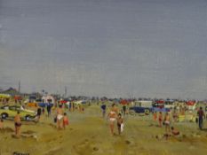 EDWIN (ED) FORREST oil on board - busy beach scene, signed and entitled original label verso '