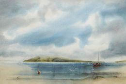 DAVID JOHN SWEETINGHAM watercolour - coastal scene with headland and boats, entitled 'Burry Holms,