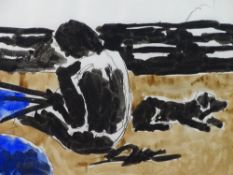 JOSEF HERMAN watercolour - seated figure in a landscape with a resting dog, 18 x 24cms